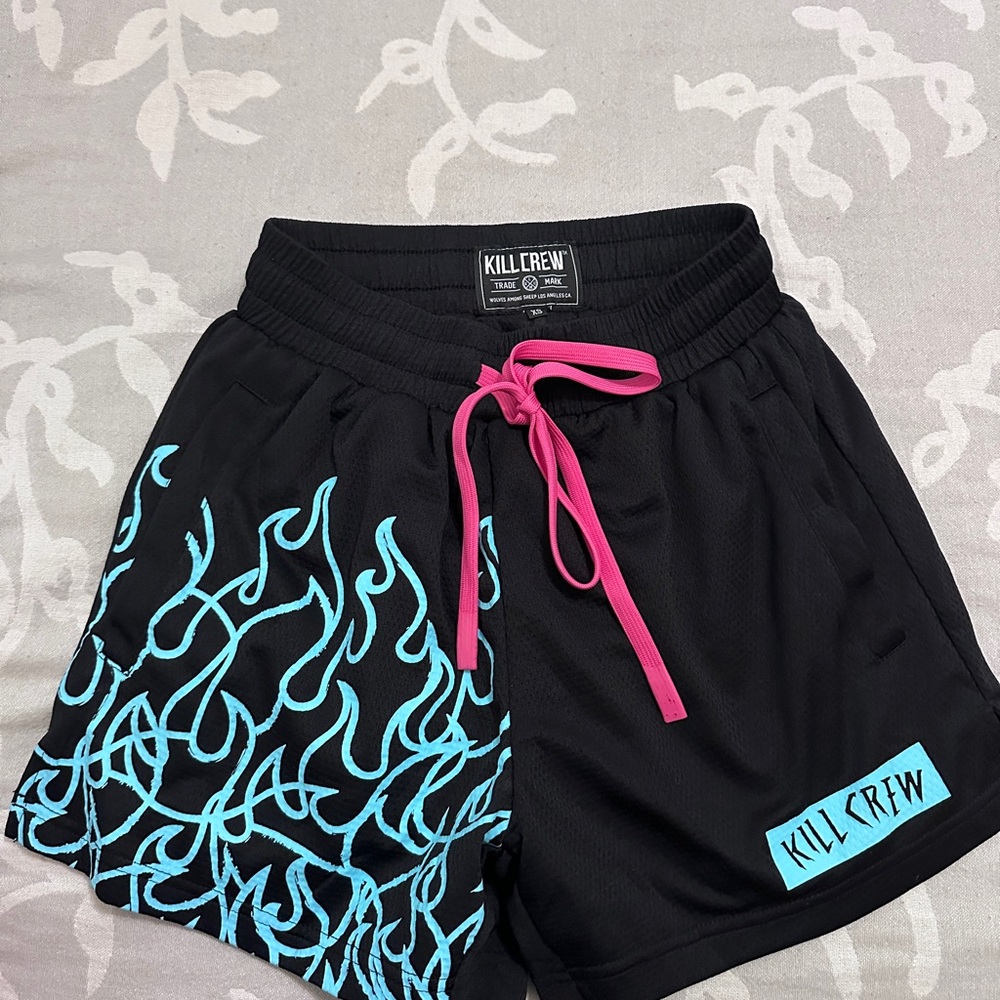 Kill Crew Black Shorts with Aqua Flames and Pink Accents